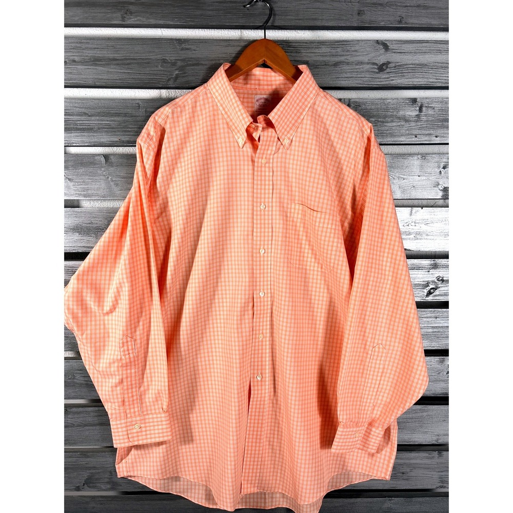 Brooks Brothers Madison Shirt Mens 17.5 34 Peach/Orange Check Gingham Non-Iron